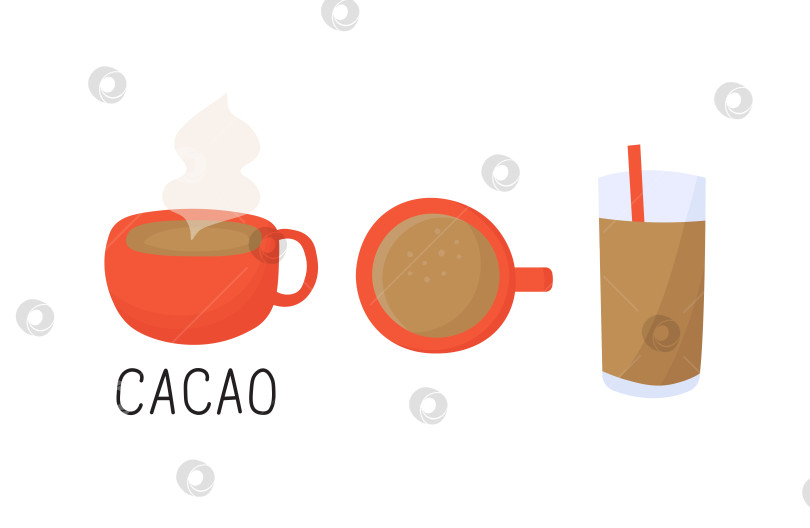 Скачать Набор какао-напитков в кружках и травка с соломинкой. Красная кружка с горячим шоколадом или капучино. фотосток Ozero