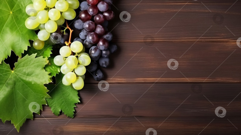 Скачать Вид сверху на грозди белого и темного винограда с листьями на деревянной поверхности. Место для текста. AI генеративный. фотосток Ozero