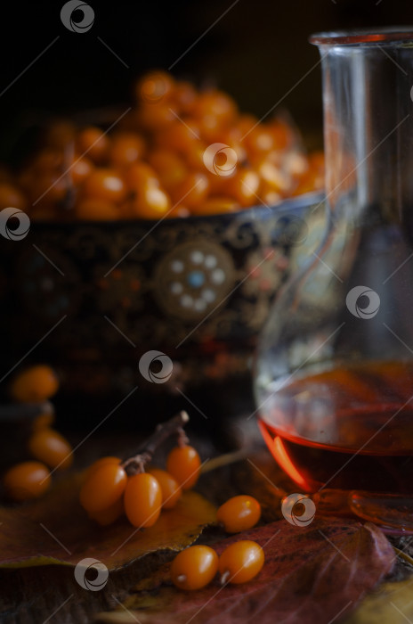 Скачать Облепиховое масло в химическом флаконе с ягодами в чашке, сдержанный тон, экстремальный крупный план фотосток Ozero