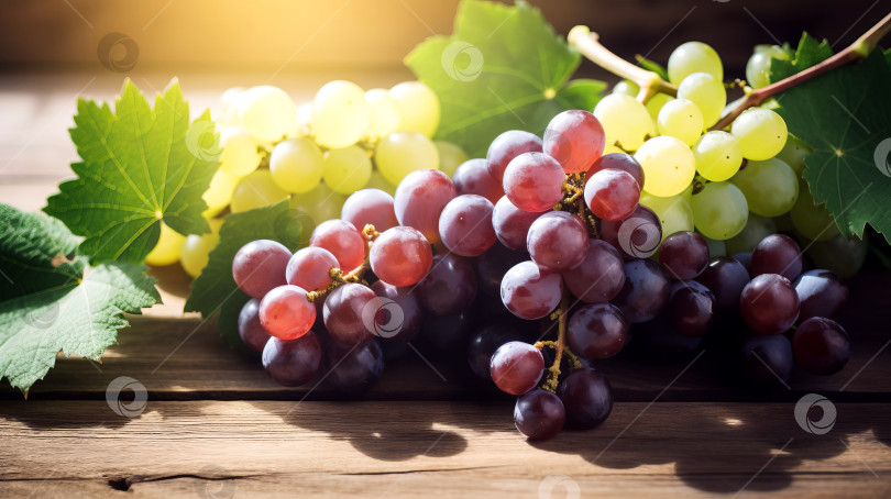 Скачать Грозди белого и темного винограда с листьями на деревянной поверхности. Место для текста, AI generative. фотосток Ozero