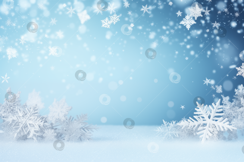 Скачать Рождественский фоновый дизайн белой снежинки и снега с пространством для копирования. Зимний снегопад и снежинки на светло-голубом фоне. Изображение, сгенерированное искусственным интеллектом. фотосток Ozero