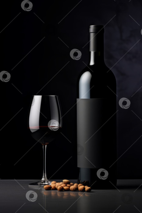 Скачать Черная винная бутылка с пустой этикеткой и стоящий рядом бокал вина и орехи на темном фоне. Макет, скопируйте пробел фотосток Ozero
