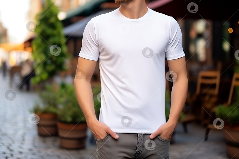 Скачать Стильная белая футболка-заготовка для макета, которую модная модель носит в городских условиях. Пустое место для логотипа или рисунка спереди рубашки, текстура ткани фотосток Ozero