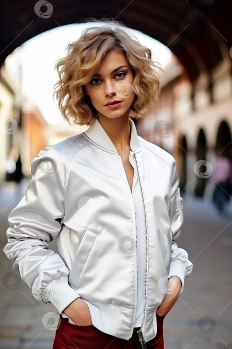 Скачать Стильная белая куртка-бомбер, которую носит красивая модная женщина-модель в городских условиях. Пустое место спереди бомбера для макета с принтом фотосток Ozero