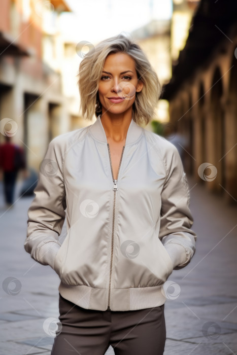 Скачать Стильная светло-серая куртка-бомбер, которую красивая модная женщина-модель носит в городских условиях. Пустое место спереди бомбера для макета с принтом фотосток Ozero