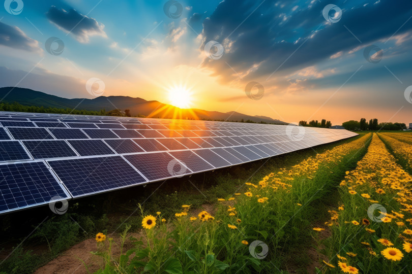 Скачать Ферма с солнечными батареями, раскинувшаяся на лугу с желтыми цветами на фоне заката фотосток Ozero