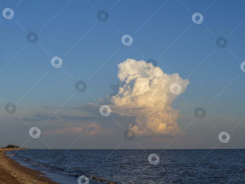 Скачать Огромное красивое облако в голубом небе над водной гладью моря недалеко от береговой линии песчаного пляжа. Удивительный морской пейзаж. большое облако над морем фотосток Ozero