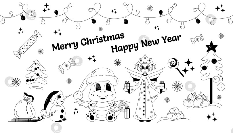 Скачать Установите Новый год, Рождество черными контурными векторными элементами. Дракон Санта Клаус, Снегурочка, Снеговик фотосток Ozero