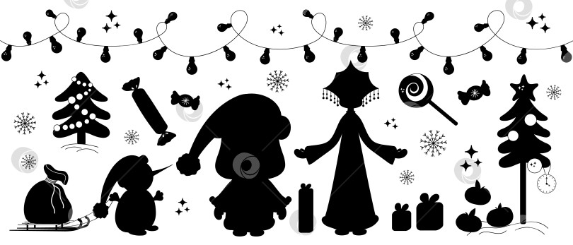 Скачать Установите векторные элементы Нового года, Рождества с черными силуэтами. Дед Мороз, Снегурочка, Снеговик фотосток Ozero