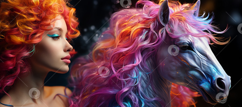 Скачать Женщина и лошадь, обе с яркими разноцветными волосами, создающими фантастический и сюрреалистический образ. Волосы женщины имеют оттенки оранжевого, розового и желтого, в то время как грива лошади представляет собой смесь розового, фиолетового и синего фотосток Ozero