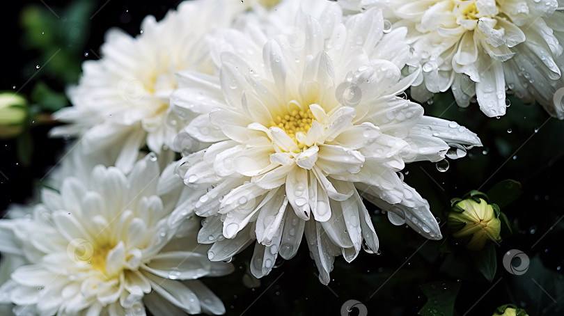 Скачать Красивые белые хризантемы, цветущие в саду во время дождя. ИИ генеративный. фотосток Ozero