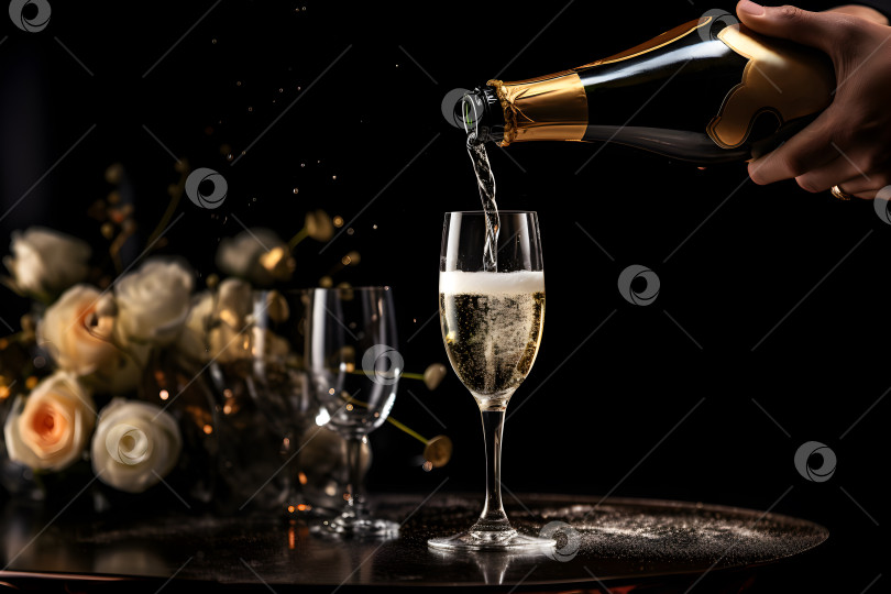 Скачать Рука, наливающая шампанское в бокал на темном праздничном фоне. Роскошный элегантный праздничный баннер с бутылкой шампанского и бокалами для шампанского. Рука с бутылкой шампанского, поздравительная открытка фотосток Ozero