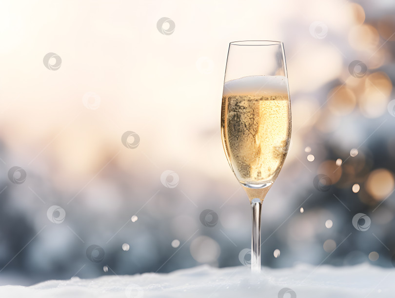 Скачать Бокал шампанского в снегу на фоне светлого зимнего боке со свободным пространством для текста. Хрустящее шампанское, зимний праздник. Зимний праздничный баннер с бокалом игристого вина на фоне снежной зимы фотосток Ozero