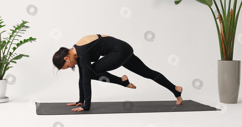 Скачать Брюнетка, практикующая йогу, выполняющая упражнение Чатуранга Дандасана, динамическая планка, тренирующаяся в цельном черном спортивном комбинезоне на коврике в студии фотосток Ozero