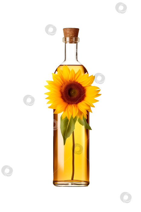 Скачать Подсолнечное масло в стеклянной бутылке с пробкой. украшенный цветком подсолнуха, изолировать фотосток Ozero