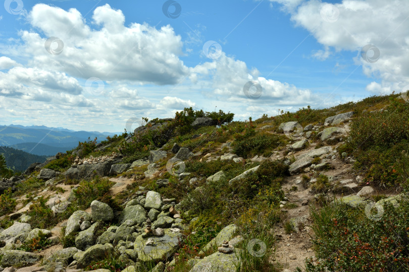Скачать Туристическая тропа поднимается по камням на вершину поросшего травой холма в живописной горной долине пасмурным летним днем. фотосток Ozero