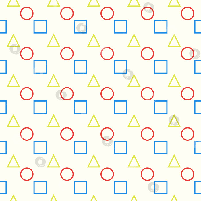 Скачать Детский бесшовный фоновый рисунок. Абстрактный геометрический бесшовный узор из желтых треугольников, красных кругов, синих квадратов. Детский принт для текстиля, обоев, оберточной бумаги фотосток Ozero