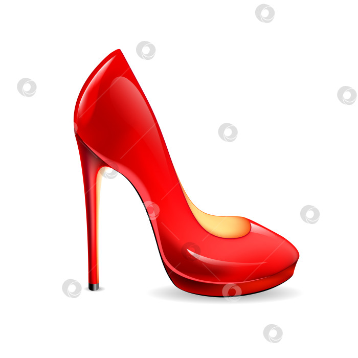 Скачать Женская красная туфелька на белом фоне. Стильная обувь девушки. Символ Международный женский день 8 марта. Модная туфля, каблук, шпилька фотосток Ozero