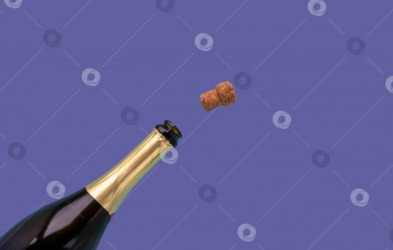 Скачать Бутылка шампанского и открытая пробка на очень нежно-сиреневом фоне фотосток Ozero