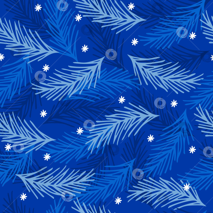 Скачать Рождественский узор с еловыми ветками и снежинками. Зимний бесшовный синий фон. фотосток Ozero