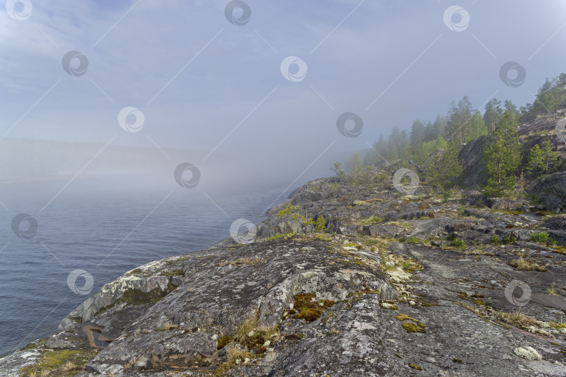 Скачать Редкое погодное явление - облако на поверхности озера в солнечный день. Карелия, Россия. фотосток Ozero