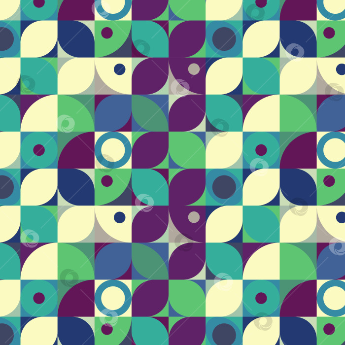 Скачать Геометрический минималистичный узор бесшовный с кольцами маленькими кругами квадратами бежевый зеленый синий малиновый векторное изображение фотосток Ozero
