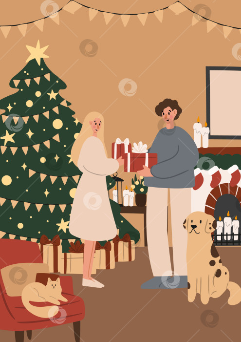 Скачать Поздравительные рождественские открытки с семьей, украшающей рождественскую елку, плакат с персонажем, дающим подарки для печати, печать подарков для детей, клипарт с векторной иллюстрацией в плоском стиле, цифровая загрузка. фотосток Ozero