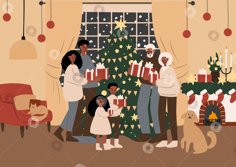 Скачать Поздравительные рождественские открытки с семьей, украшающей рождественскую елку, плакат с персонажем, дающим подарки для печати, печать подарков для детей, клипарт с векторной иллюстрацией в плоском стиле, цифровая загрузка. фотосток Ozero