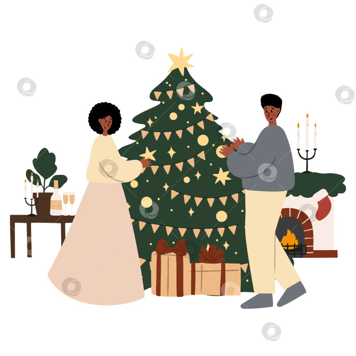 Скачать Векторная иллюстрация счастливого Рождества со сценами, когда семья украшает рождественскую елку, персонаж дарит подарок, дети открывают подарки, праздничные интерьеры, клипарт с изображениями в плоском стиле, клипарт для камина. фотосток Ozero