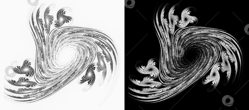 Скачать Монохромный набор абстрактных венков на черно-белом фоне. Спирали раскручиваются в трех направлениях и заканчиваются маленькими венками. 3D рендеринг. 3D иллюстрация. фотосток Ozero