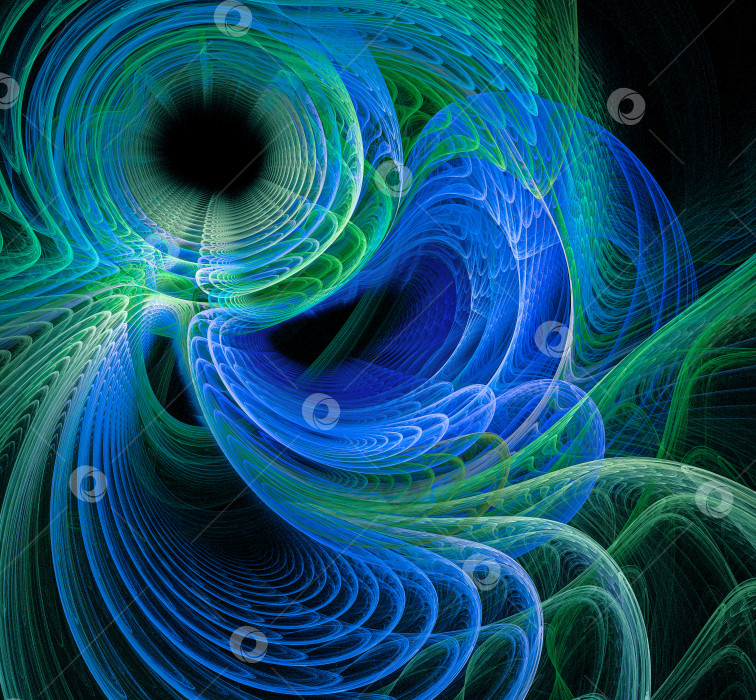 Скачать От круга расходятся зеленые и синие волны разной формы на черном фоне. Яркий абстрактный фрактальный фон с волнистыми линиями. 3D рендеринг. 3D иллюстрация. фотосток Ozero