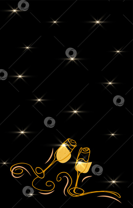 Скачать Новогодняя открытка с бокалами шампанского, блестками. Векторный праздничный новогодний флаер в линейном стиле. фотосток Ozero