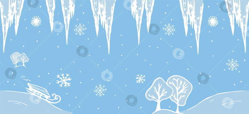 Скачать Зимний векторный синий горизонтальный баннер. Рисованная иллюстрация с санями, сосульками, снежинками, снегопадом. фотосток Ozero