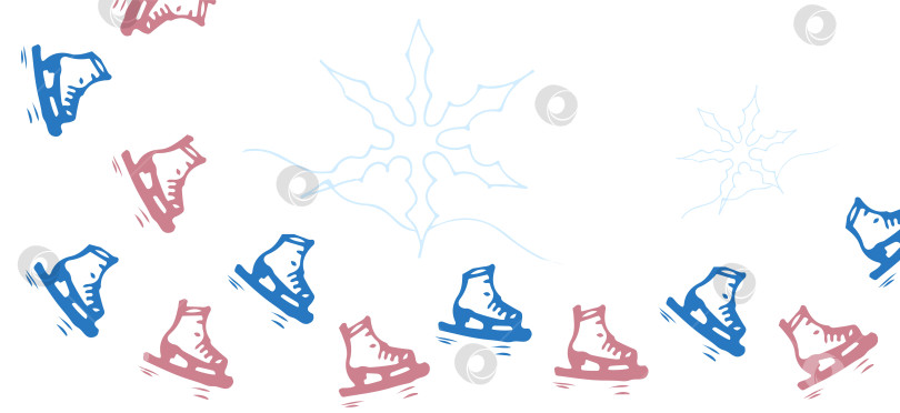 Скачать Горизонтальный баннер для зимних видов спорта. Красные и синие фигурные коньки. Векторная иллюстрация. Цветной стиль каракулей. фотосток Ozero