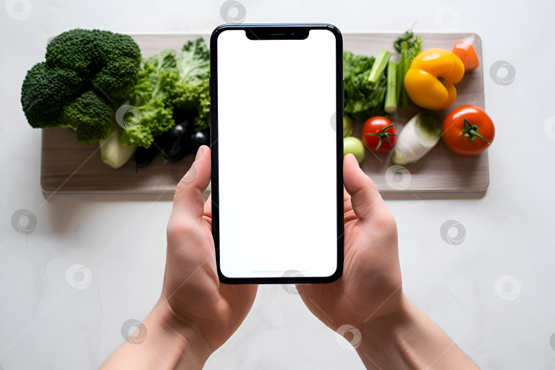 Скачать Мобильный телефон с пустым белым экраном на фоне свежих овощей на деревянной доске на белом столе. Кулинарное приложение для планирования здорового питания. Макет смартфона с красочными овощами в качестве фона фотосток Ozero
