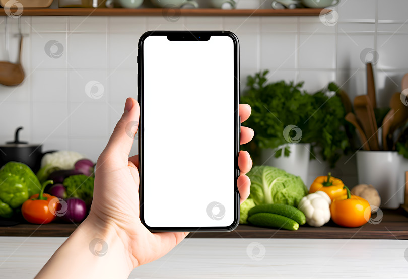 Скачать Мобильный телефон с пустым редактируемым экраном в руке на фоне кухни со свежими овощами. Готовьте с помощью смартфона или цифровой кулинарной книги, приложения для рецептов. Мобильный телефон помогает домашнему повару фотосток Ozero