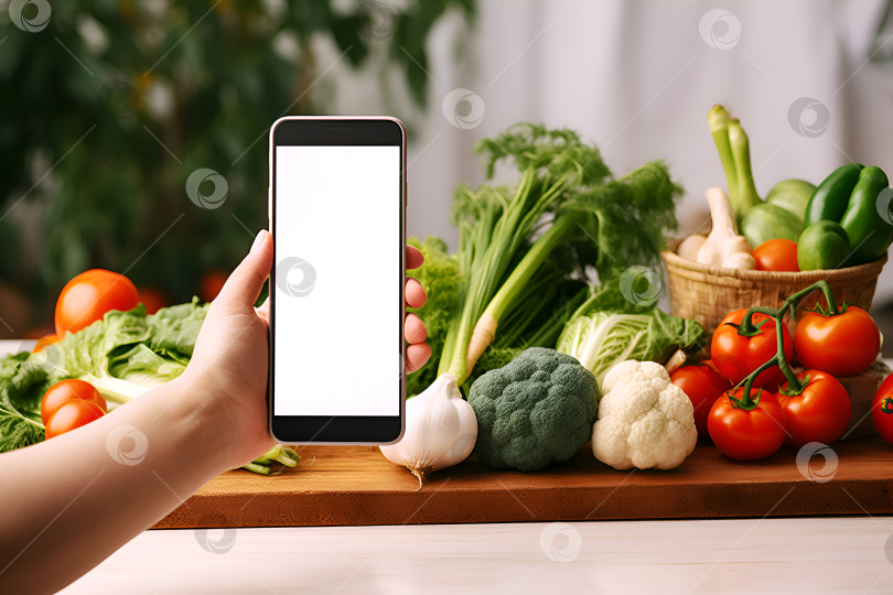 Скачать Смартфон в руке на фоне свежих овощей, макет приложения с редактируемым пустым экраном. Концепция кулинарного приложения, hand представляет экран телефона с овощным ассорти, идеально подходящий для приложений, связанных с едой фотосток Ozero
