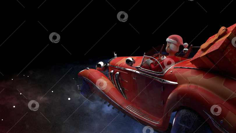 Скачать Санта в машине над пространством, подарочные коробки, изолированный фон, 3d рендеринг, Санта в машине над пространством, в космосе, подарочные коробки, изолированный фон, 3d рендеринг фотосток Ozero