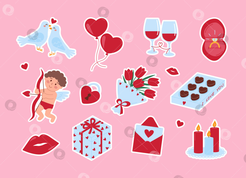 Скачать Милый романтический набор наклеек на День Святого Валентина. Голуби, воздушные шары, бокалы для вина, кольцо, купидон, замок, букет, конфеты, губы, подарок, конверт и свечи. Элементы любви. Векторная иллюстрация на розовом фотосток Ozero