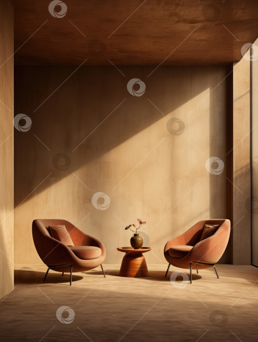 Скачать Минималистский интерьер с оштукатуренными стенами, креслами и декором. Создан искусственный интеллект. фотосток Ozero