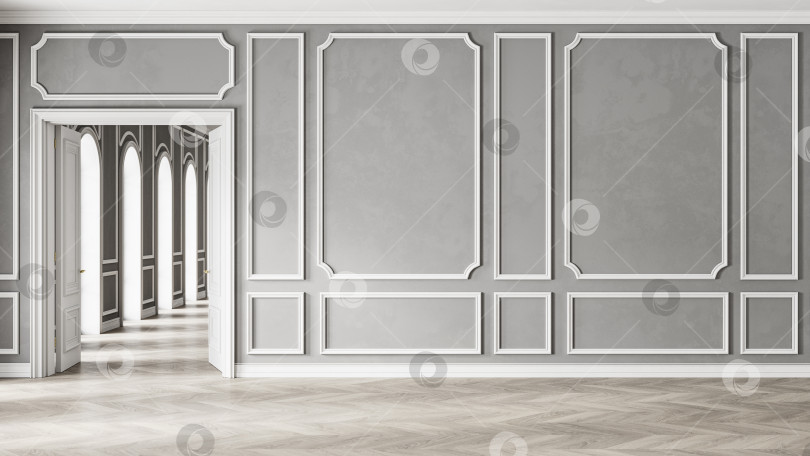 Скачать Классический серо-белый пустой интерьер со стеновыми панелями, открытой дверью и деревянным полом. фотосток Ozero