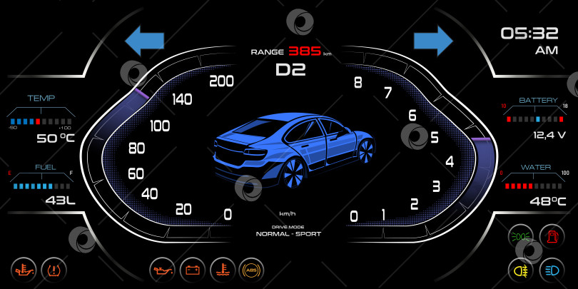 Скачать Спидометр приборной панели автомобиля, тахометр, цифровые светодиодные индикаторы топлива и температуры двигателя. Векторные реалистичные элементы комбинации приборов приборной панели автомобиля. фотосток Ozero