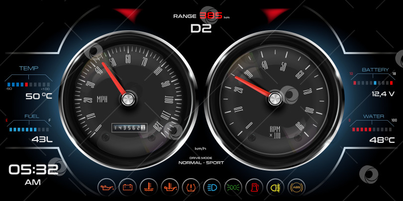 Скачать Спидометр приборной панели автомобиля, тахометр, цифровые светодиодные индикаторы топлива и температуры двигателя. Векторные реалистичные элементы комбинации приборов приборной панели автомобиля. фотосток Ozero