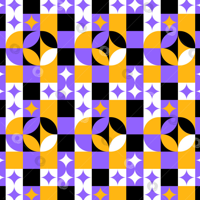 Скачать Геометрический современный узор бесшовный с лепестками абстракция звезды бриллианты желтое черное фиолетовое белое векторное изображение фотосток Ozero