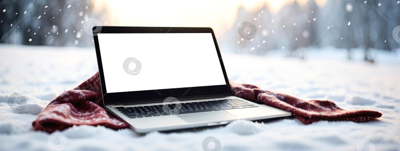 Скачать Макет ноутбука с белым экраном зимой, на улице в снегу, под уютным одеялом во время снегопада. Сезонная удаленная работа, Интернет, шоппинг, Рождество и Новый год. Искусственный интеллект сгенерирован фотосток Ozero
