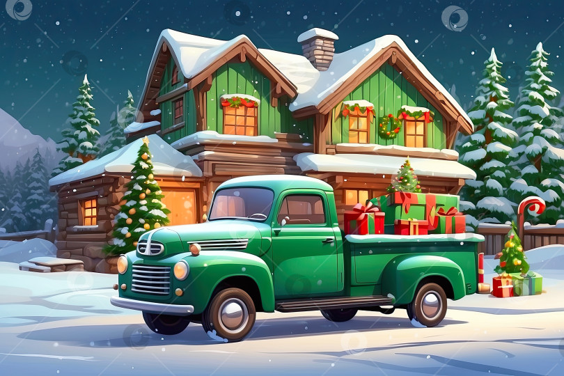 Скачать Мультяшный зеленый ретро рождественский грузовик с подарками и рождественской елкой в кузове возле украшенного снегом дома зимой. Праздничная открытка на Рождество и Новый год. Сгенерированная искусственным интеллектом фотосток Ozero