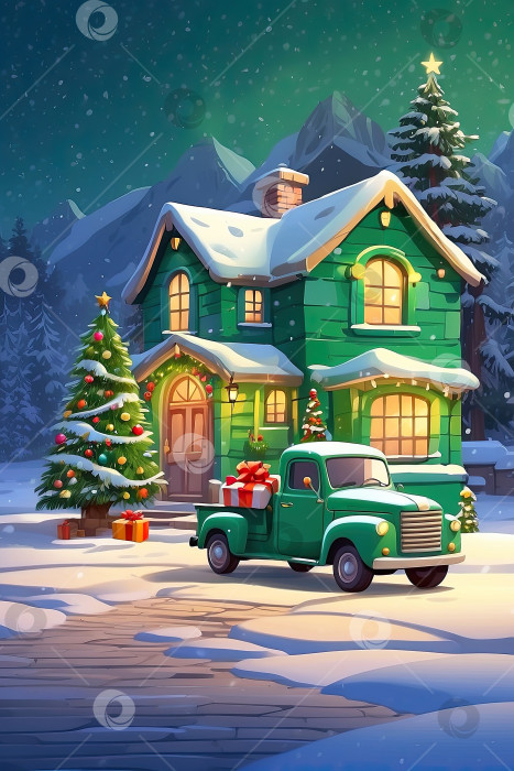 Скачать Мультяшный зеленый ретро рождественский грузовик с подарками и рождественской елкой в кузове возле украшенного снегом дома зимой. Праздничная открытка на Рождество и Новый год. Сгенерированная искусственным интеллектом фотосток Ozero