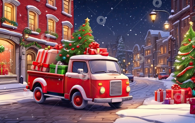 Скачать Мультяшный красный ретро рождественский грузовик с подарками и рождественской елкой в кузове на улице сказочного города зимой со снегом. Праздничная открытка к Рождеству и Новому году. Сгенерированная искусственным интеллектом фотосток Ozero