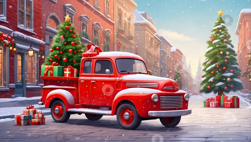 Скачать Мультяшный красный ретро рождественский грузовик с подарками и рождественской елкой в кузове на улице сказочного города зимой со снегом. Праздничная открытка к Рождеству и Новому году. Сгенерированная искусственным интеллектом фотосток Ozero