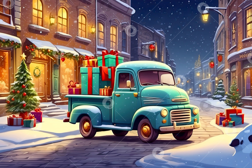 Скачать Мультяшный синий ретро рождественский грузовик с подарками и рождественской елкой в кузове на улице сказочного города зимой со снегом. Праздничная открытка на Рождество и Новый год. Сгенерированная искусственным интеллектом фотосток Ozero